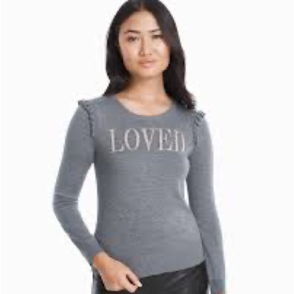 WHBM Valentine’s White House Black Market “Loved” Sweater Gray Fitted Small